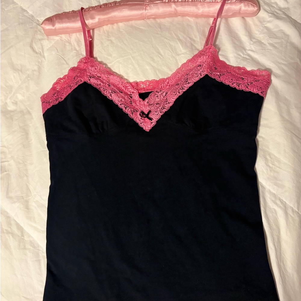 Vintage La Senza Lola & Coco Obsession Black Tank Top with Pink Lace Trim